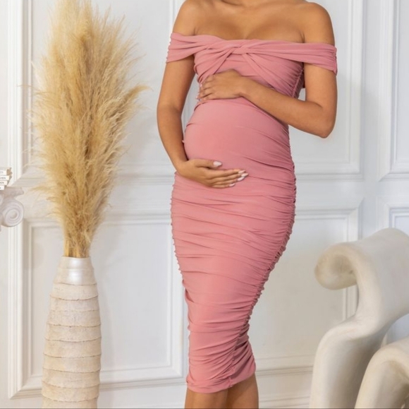 Club L London Pink Maternity Bardot Knot Ruched Cocktail Midi Dress Size US 10. - Picture 1 of 12